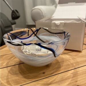 Kosta Boda Blue and Black Swirl Glass Bowl . Kosta boda small vase.